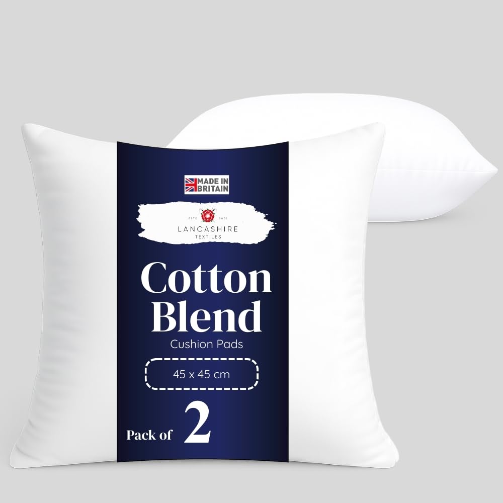 Lancashire Textiles 2 Pack Luxury 18" x 18" (45 x 45cm) Cotton Blend Cushion Pads with Super Bounce Polyester Fibre, Made of Finest British Materials