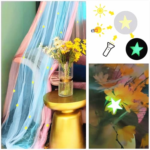 Image of Two-Tone Bed Canopy Mosquito Net, Bed Canopy for Girls Room Decor - Insect Protection Hanging Canopy for Indoor(Pink+Blue,Stars Glow in the Dark)