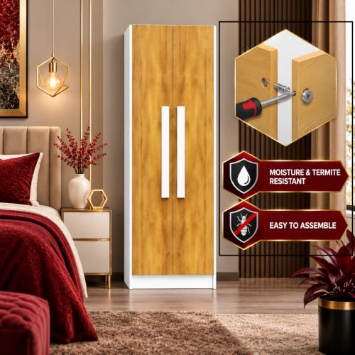 Image of Bniture Wooden Almirah for Clothes, Door for Bedroom, 2 Door Wardrobe with 4 Shelves Huge Storage Space (46D x 60W x 182H CM) | 3 Year Warranty (Frosty White & Giant Wood)