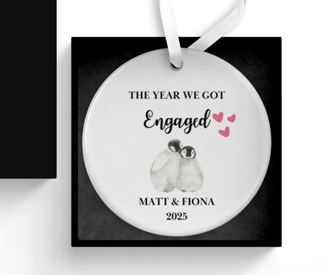 First Christmas Engaged Bauble, The Year We Got Engaged, Engagement Keepsake for Couples, Ceramic Decoration with Gift Box, 1st Xmas, Fiance Fiancee Gift