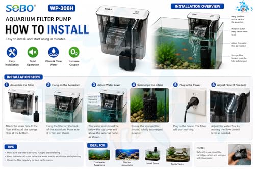 Image of Sobo WP-308H Slim Hang-On Filter | 5.8W, 580L /H | AC 220-240V | For 1Ft-1.5Ft Aquarium | ABS Builda | Adjustable Flow | Max Flow: 580l /h | Height 19 Cm