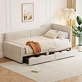 Merax Twin Size Corduroy Daybed, Upholstered Day Bed Frame with 2 Large Storage Drawers, L-Shaped Sapce Saving Corner Sofabed for Kids, Teens & Adults, Wood Slat Support, Beige