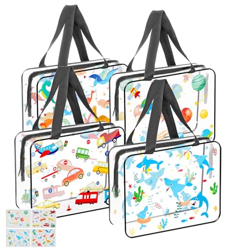 Toy Storage Bags with Zipper,Organizer Bags for Toy with Dinosaur Pattern PVC Waterproof Toy Bags with Handle, for Toys Building Blocks Puzzle (4 Packs)
