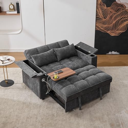 Sofá cama extensible 3 en 1 con respaldo ajustable, puerto USB, sofá de dos plazas con mesa oculta, soporte para bebidas, sofá para espacios pequeños, salón, apartamento, cama de día, gris