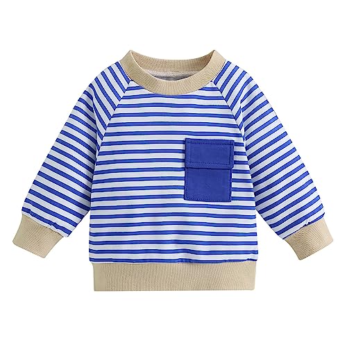 Kids Sweatshirts Soft Cotton Warm Crewneck Cartoon Stripes Long Sleeve Pullover Sweatshirts For Boys (Blue, 4-5 Years)