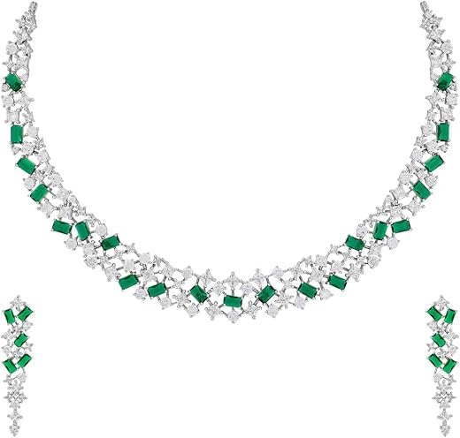 KUSHAL'S Fashion Jewellery Mint Rhodium Plated Zircon Necklace Set with Hanging Earrings for Women | Adjustable Chain | Pa...