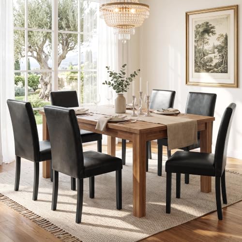 LSSPAID Dining Chairs Set of 6, Modern Stylish PU Leather Upholstered Parson Chair, Dining Room Chairs with Solid Wood Legs for Kitchen Living Room, Black
