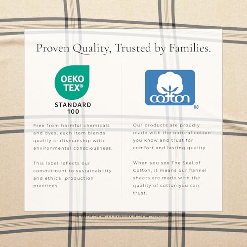 Image of Great Bay Home Flannel Sheets Queen Size - 100% Turkish Cotton, Double-Brushed, Plaid and Stripe Bed Sheet Set - Ultra-Soft, Cozy, 4-Piece Bedding Set (Wide Plaid Blue & Tan)