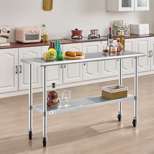 Image of ROCKPOINT Stainless Steel Table for Prep & Work with Caster Wheels 18x72 Inches, NSF Metal Commercial Kitchen Heavy Duty Table with Adjustable Under Shelf and Table Foot for Restaurant, Home and Hotel