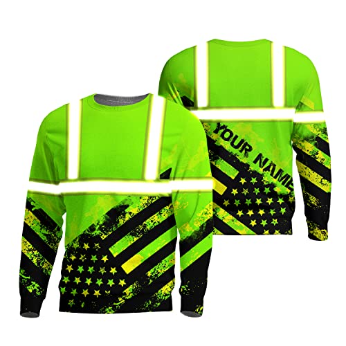 HiVis Custom Safety Shirt Green Neon US Flag Customize Name High Visibility Long Sleeve Shirt For Men Reflective Shirt Hi Vis Construction Workwear For Runners, Walkers, Trucker, Operator, Patriotic-L