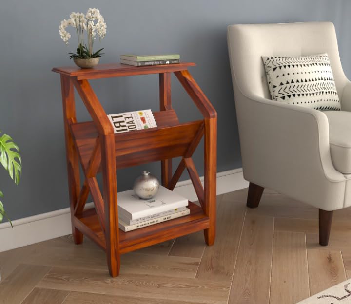 SANPNEET Solid Sheesham Wood 2 Tier Magazine Rack Bedside Table for Bedroom Living Room|Wooden Magazine Storage Organizer(Honey Finish)-image-25