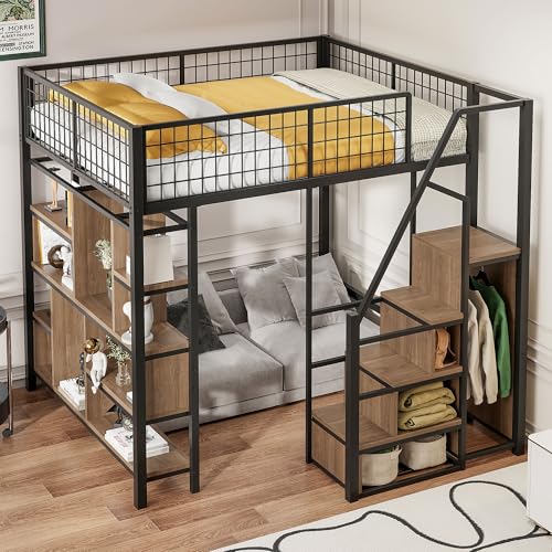 Kayan Hochbett 140 x 200 cm, Metallbett mit Stauraum, Ablageflächen und Treppe, Funktionsbett Kinderhochbett Jugendhochbett mit Rausfallschutz,...