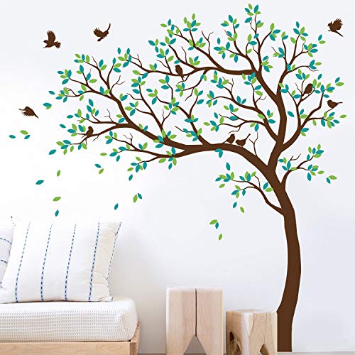 Large Tree Wall Decals Nursery Tree Stickers with Birds Stunning Tree Wall Art Mural Vinyl Wall Decor KW032 (Leaning Left, Brown, Lime-Tree Green, Turquoise)