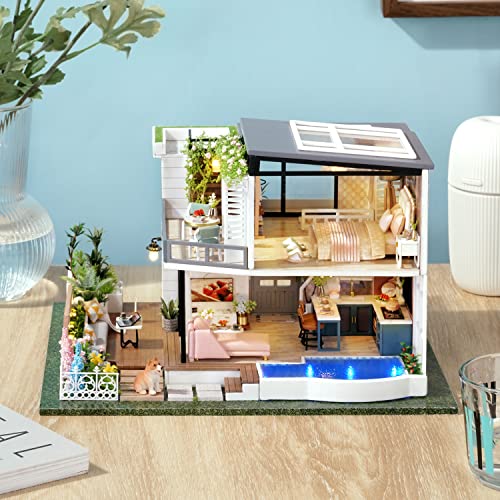 Image of TuKIIE DIY Miniature Dollhouse Kit with Furniture, 1:24 Scale Large Garden Villa Wooden Doll House Accessories Plus Dust Proof & Music Movement for Kids Teens Adults(West Creek House)