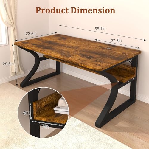55 inch Computer Desk, Office Desk w/Storage Shelf & Cable Management, Work Table w/Sturdy U-Shaped Metal Frame & Deeper Desktop, Study Writing Desk for Home Office Bedroom (Brown, 55inch) - Image 3