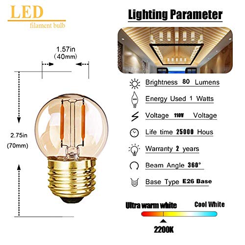 G40 Edison Led Filament Mini Globe Light Bulbs 1W Equivalent To 10Watt Incandescent - E26 Screw Base Led Bulbs Ultra Warm White 2200K Decorative Lighting Non Dimmable Amber Glass #TOP1