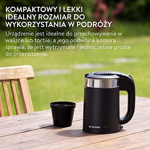 Navaris Czajnik Podróżny Ze Stali Nierdzewnej 0,5 L - Z 2 Kubkami Do Picia - 16 x 11 x 17 Cm - Mini Czajnik Podróżny 1100 W Na Kemping - Kuchenka Podróżna W Kolorze Czarnym