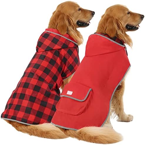 HDE Reversible Dog Raincoat Hooded Slicker Poncho Rain Coat Jacket for Small Medium Large Dogs Buffalo Plaid Red - XXL