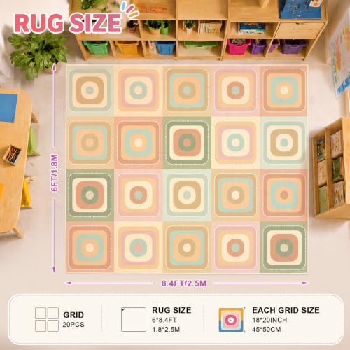 Amylove 6 x 8.4 ft Large Classroom Rug Elementary, Rounded Squares Circle Time Seating Area Rug, Soft Boho Educational Carpet for Preschool, Kindergarten & Daycare, Learning Play Mat, Seats 20 - Image 2