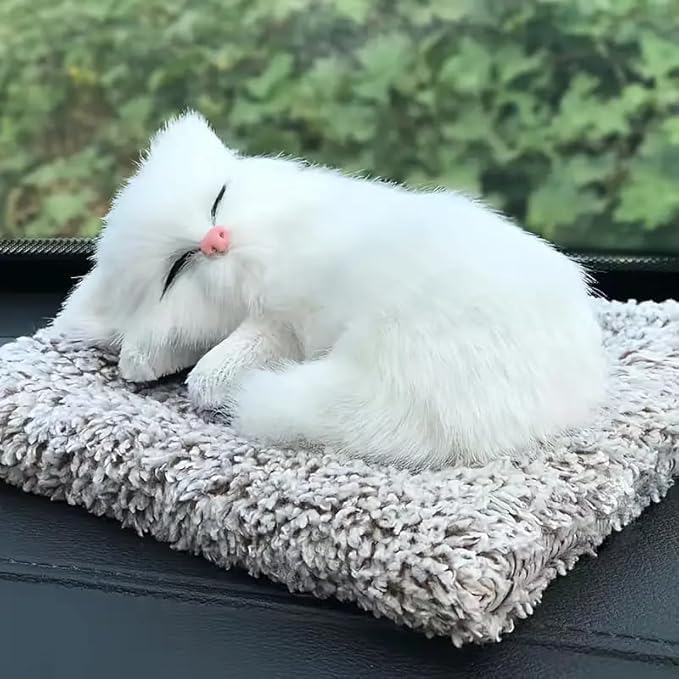 Image of Eminent Cute Sleeping Cat on Carpet Silicone Animal Toy for Meow Sound, Gift for Kids Car Dashboard Accessories (White Sleeping Cat)