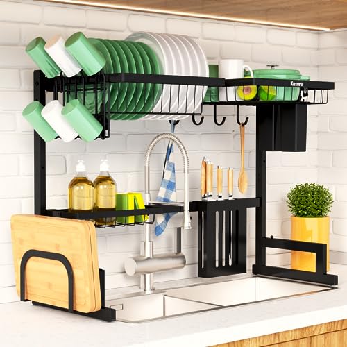 Kitsure Over The Sink Dish Drying Rack - 23.6" to 35"x21.2", Adjustable Drying Rack for Kitchen Sink with Large Capacity, Sink Drying Rack, 2-Tier Dish Rack Over Sink with Multifunctional Baskets