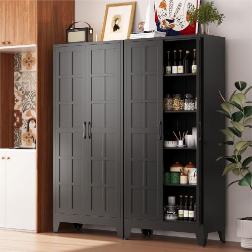 Image of COFaR 71 inch Black Metal Storage Cabinet with Doors for Office and Garage | 5-tier kitchen pantry cabinet with square-panel doors and 4 adjustable shelves for laundry room, office or garage storage.