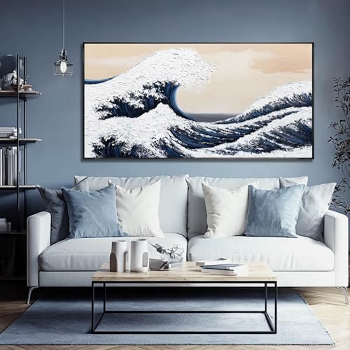 Image of VAYIMDH Blue Waves White Textured Wall Art Large Ocean Beach Wall Decor Pictures Vintage Poster Abstract Giant Waves Canvas Prints for Minimalist Living Room 24 inchx48 inch