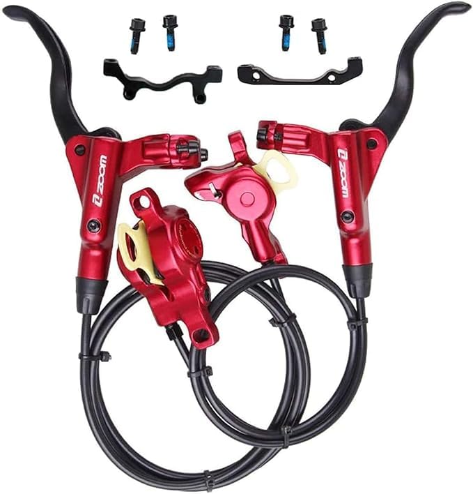 AEYINO Zoom Hydraulic Disc Brake Set, Front 800mm Rear 1450mm Aluminum Alloy Brakes,2 Piston Calipers with IS/PM Universal Adapter /160mm Rotor for Mountain Bike (Red)