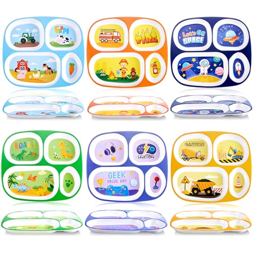 Hushee 6 Pcs 9.4 x 8.2 Inch Kids Plate for Dinner Cute Toddler Divided Plates for Boys Girls Plastic Funny Serving Dishes with Construction Dinosaur Firefighter Farm Astronaut Animal