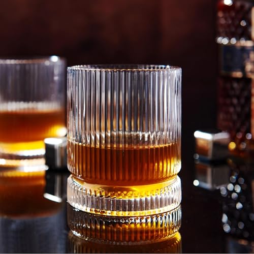 VUNDO Ribbed Whiskey Glasses Set of 4, 12 Oz Lead-Free Crystal Heavy Base Barware Glass, Perfect for...