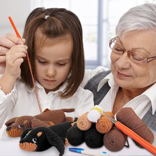 RANJIMA Häkelnadel-Set für Anfänger,Tiere Häckeln Stricken mit Anleitung,Komplettes Häkelset Dackel Hund,Starter Häkeln Tiere Set mit Häkelnadeln,Garn,Füllung,Kreativ Hunde Strickset für Geschenk