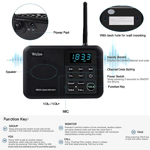 Wuloo Intercoms Wireless for Home 1 Mile Range 22 Channel 100 Digital Code Display Screen, Wireless Intercom System for Home House Business Office, Room to Room Intercom Communication(4Stations Black)