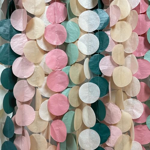 Image of 205 Ft Sage Green Dusty Rose Pink Khaki Beige Circle Dot Backdrop Garland Tissue Paper Polka Dots Hanging Streamer for Girl Wild Jungle Safari Woodland Birthday Party Decorations Supplies