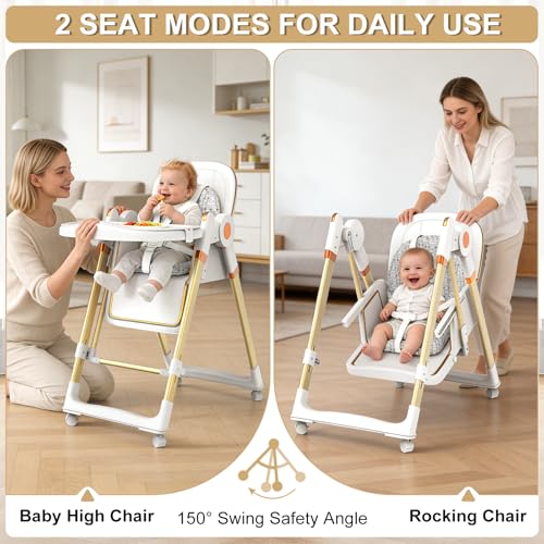 Image of Baby High Chair, Foldable High Chair for Babies and Toddlers with Wheels, Adjustable Highchair with 2 Seat Modes, Removable Dual Tray, PU Cushion, 5-Point Harness, White