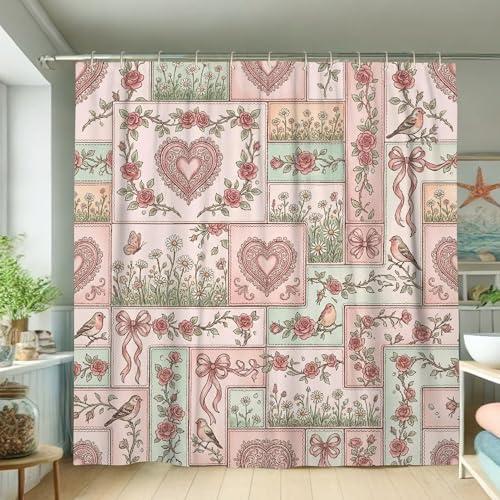 Rideau de douche en tissu imperméable avec motif cœur rose oiseau printemps pêche pour salle de bain, baignoire, appartement 183 x 183 cm
