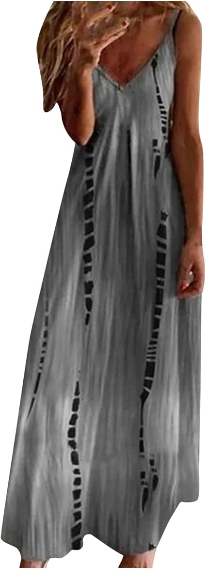 AMhomely Women Dresses Sale Clearance Fashion Ladies Summer V-Neck Casual Printing Loose Sleeveless Loose Long Dress Party Elegant Dresses UK S-SXL