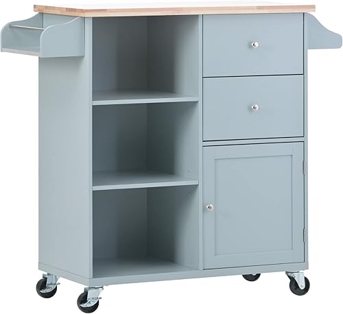 FRITHJILL Carrito de isla de cocina con tapa de madera de goma, carrito con ruedas para comedor con 2 cajones y estantes