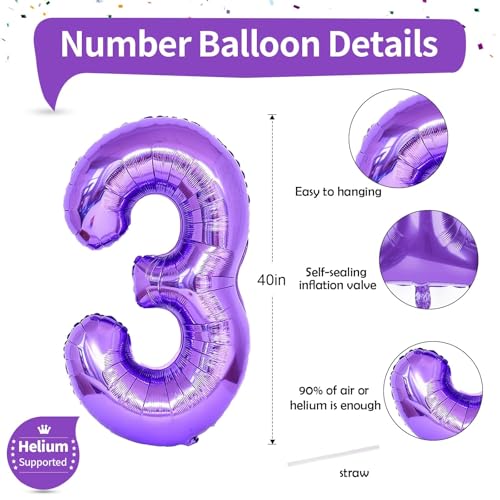 Image of 3rd Birthday Number Balloons for Kids, Self Inflating 40 Inch Purple Foil Balllons, Large Number 3 Balloons for Women 30th Birthday Party Bridal Shower Anniversary Graduation Party Decor Girl Supplies