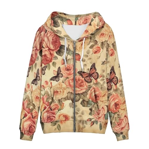 Tongluoye 24228P1601006 Flower Butterfly Zip Up Jackets Rose Hoodies For Women Medium Sweatshirts Long Sleeve Hooded Pullover Sweater cover