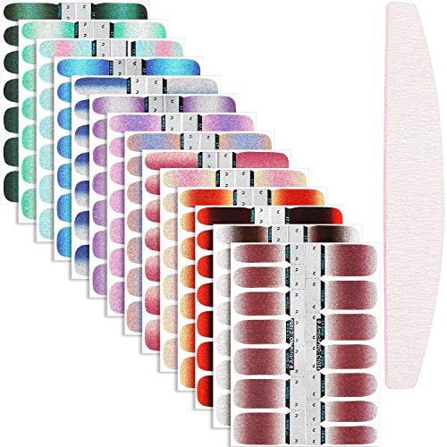14 Sheets Glitter Nail Wraps Full Nail Art Polish Stickers Adhesive Nail Wrap Stickers Shine Nail Decals Strips False Nail Gradient Manicure Kit with 1 Piece Nail File (Quaint Color)