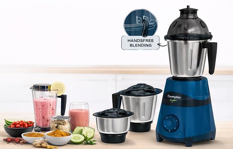 Image of Crompton Nigella Neo 750 Watts Mixer Grinder | Powertron Motor | 3 Stainless Steel Jars (1.5L, 1L, 500ml) | Heavy Duty Grinding, Blending, Chutney & Smoothie Maker for Kitchen