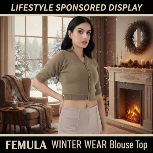 Image of Women Winter Wear V-Neck Half Sleeves Regular Fit Woollen Blouse