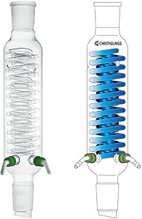 Chemglass CG-1219-20 Series CG-1219 High Efficiency Double Coil Condenser with Removable Hose Connections, 45/50 Joints, GL-14 Screw Caps, 80 mm OD, 400 mm Height