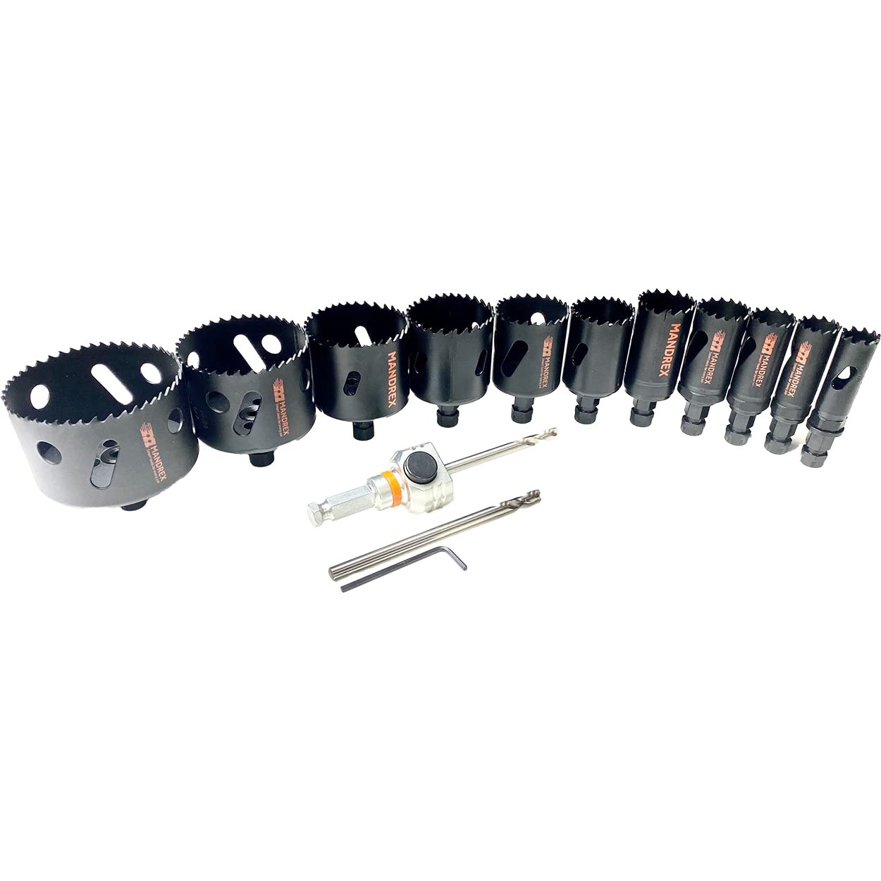 Mandrex EasyXcut - Juego de sierras perforadoras (15 piezas, bimetal, profundidad de corte de 45 mm, para acero, madera y PVC, diámetro de 20 a 76 mm)
