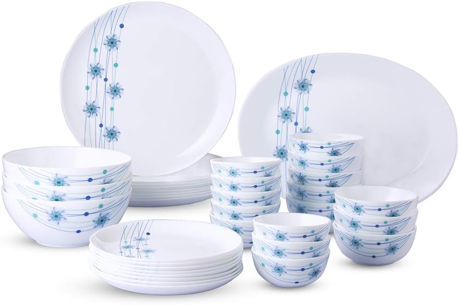 Larah by Borosil - Moon Series, Bluebell 36 Pieces Opalware Dinner Set, White