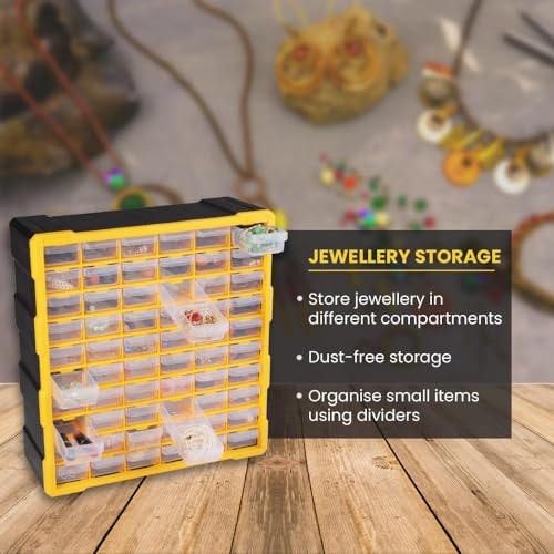 Image of Alkon ACO60 60-Drawer Plastic Component Organiser | Multipurpose Small Parts Storage Box for Jewellery, Electronics, Hardware, Pharmacy & DIY | Wall Mountable & Removable Dividers (Black & Yellow)