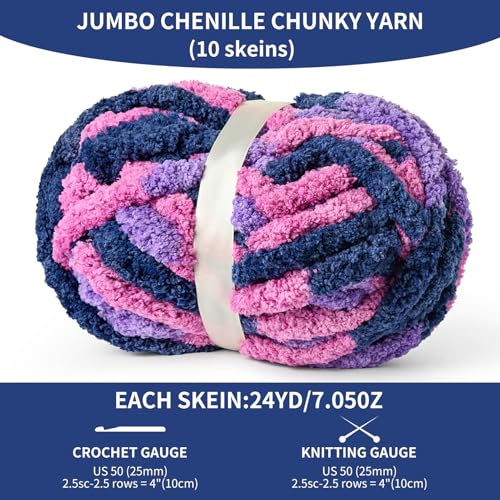 Image of 10 Pack Jumbo Chunky Yarn for Hand Knitting, Fluffy Variegated Chunky Chenille Yarn for Crocheting, 240yds /70.5oz Super Bulky Soft Crochet Baby Blanket Yarn(Vibrant Purple)