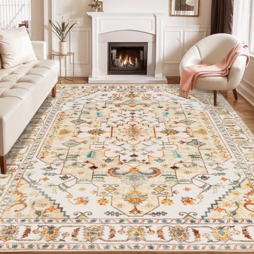 SERISSA Boho Area Rug 8x10 Light Yellow, Washable Large Rugs for Living Room, Ultra Soft Non-Slip Bedroom Rug Print Distressed Vintage Farmhouse Carpet Rug for Dining Room Dorm Office Home Decor
