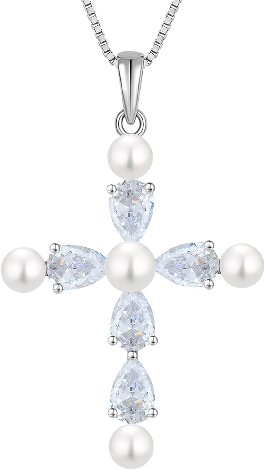 YL Cross Necklace 925 Sterling Silver Freshwater Pearls Pendant Birthstone Religious Jewelry for Women