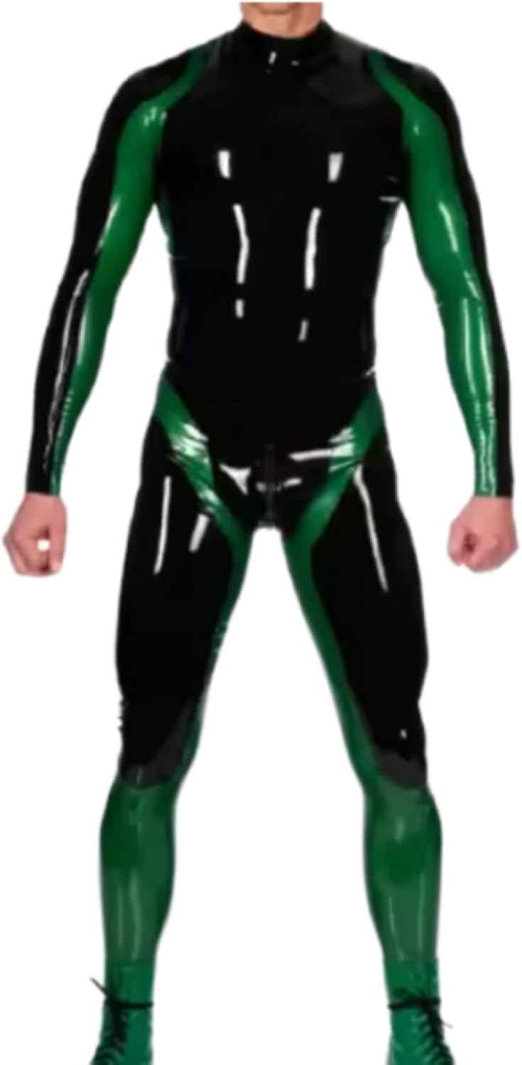 100% Latex Gummi Rubber Black and Green Catsuit Sport Bodysuit Cosplay Jumpsuit